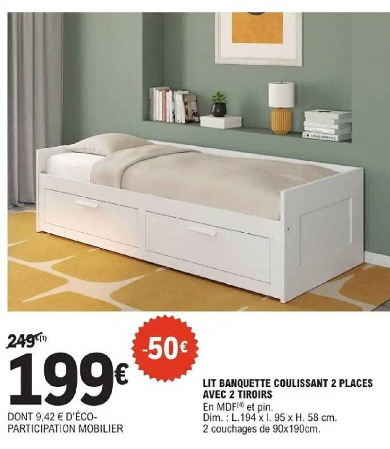LIT BANQUETTE COULISSANT 2 PLACES AVEC 2 TIROIRS
