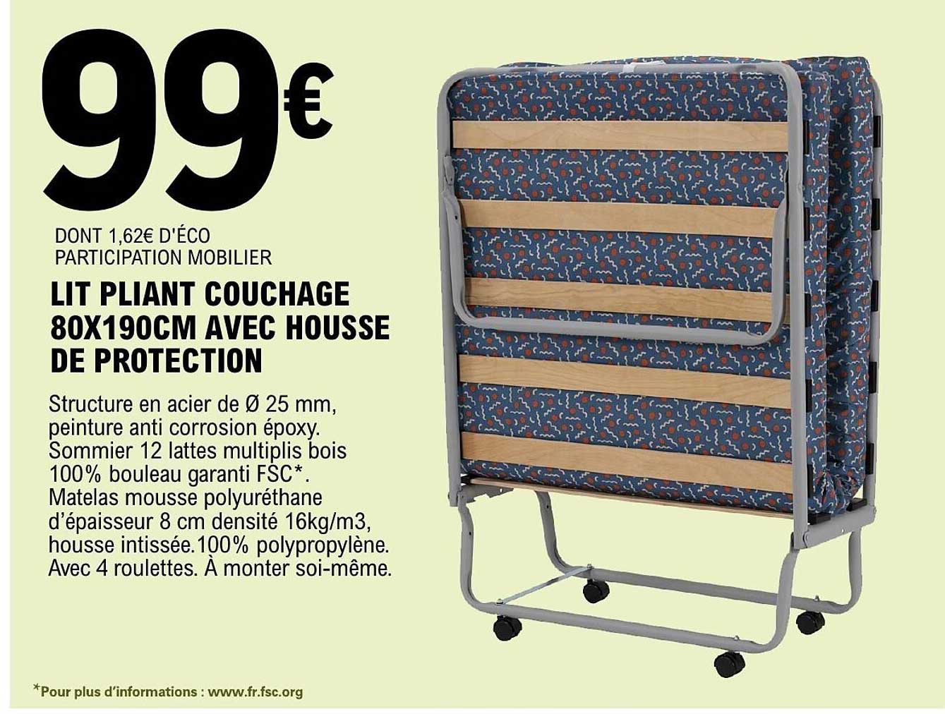 LIT PLIANT COUCHAGE 80X190CM AVEC HOUSSE DE PROTECTION