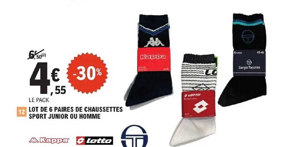 LOT DE 6 PAIRES DE CHAUSSETTES SPORT JUNIOR OU HOMME