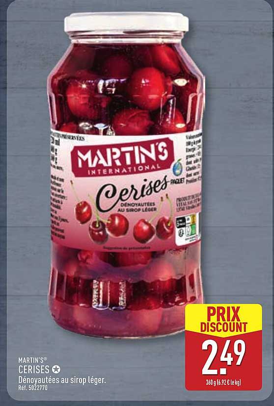 MARTIN'S CERISES Dénoyautées au sirop léger.