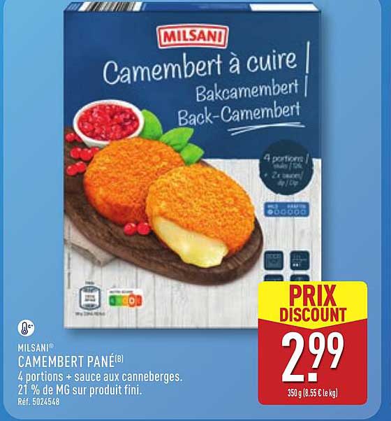 MILSANI® CAMEMBERT PANE(B) 4 portions + sauce aux canneberges. 21 % de MG sur produit fini. Réf. 5024548