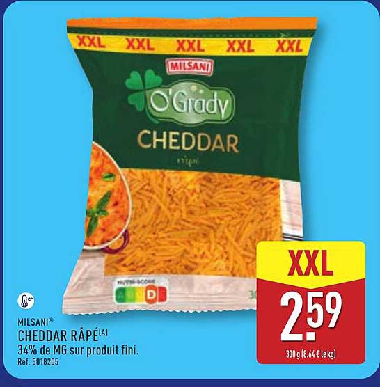 MILSANI® CHEDDAR RÂPÉ[1] 34% de MG sur produit fini.