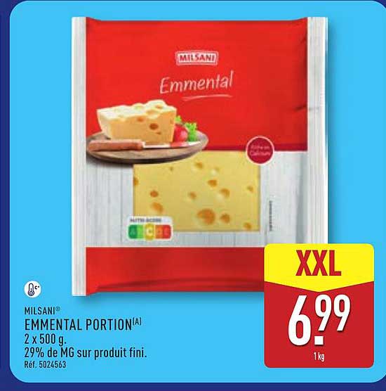 MILSANI EMMENTAL PORTION(A) 2 x 500 g. 29% de MG sur produit fini. Réf. 5024563