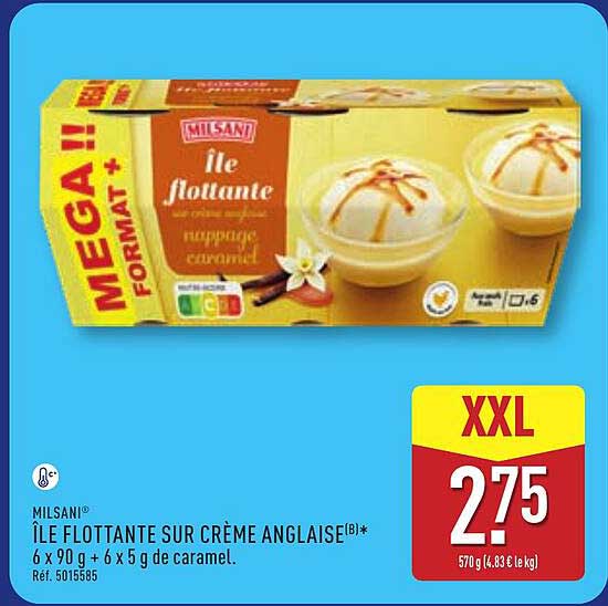 MILSANI® ÎLE FLOTTANTE SUR CRÈME ANGLAISE(B)* 6 x 90 g + 6 x 5 g de caramel.