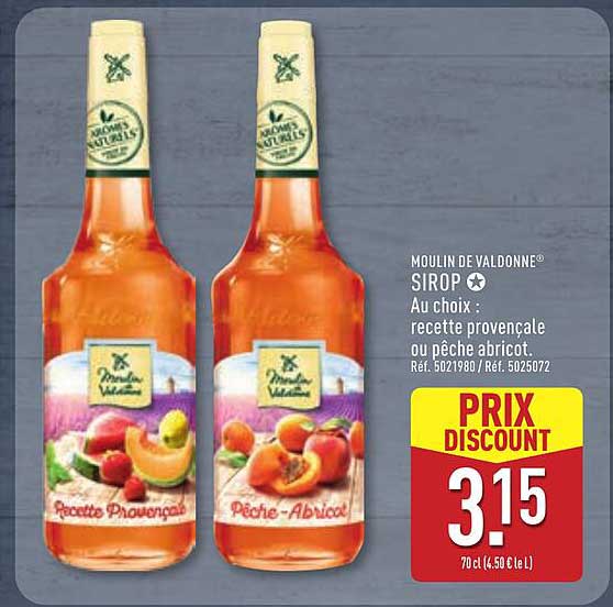 MOULIN DE VALDONNE SIROP Au choix : recette provencale ou peche abricot.