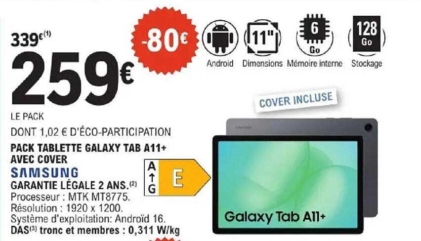 PACK TABLETTE GALAXY TAB A11+ AVEC COVER SAMSUNG