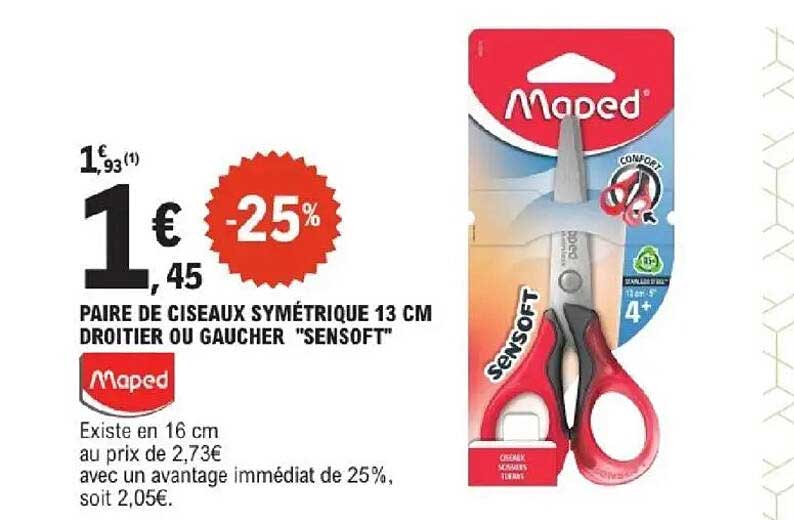 PAIRE DE CISEAUX SYMÉTRIQUE 13 CM DROITIER OU GAUCHER "SENSOFT"