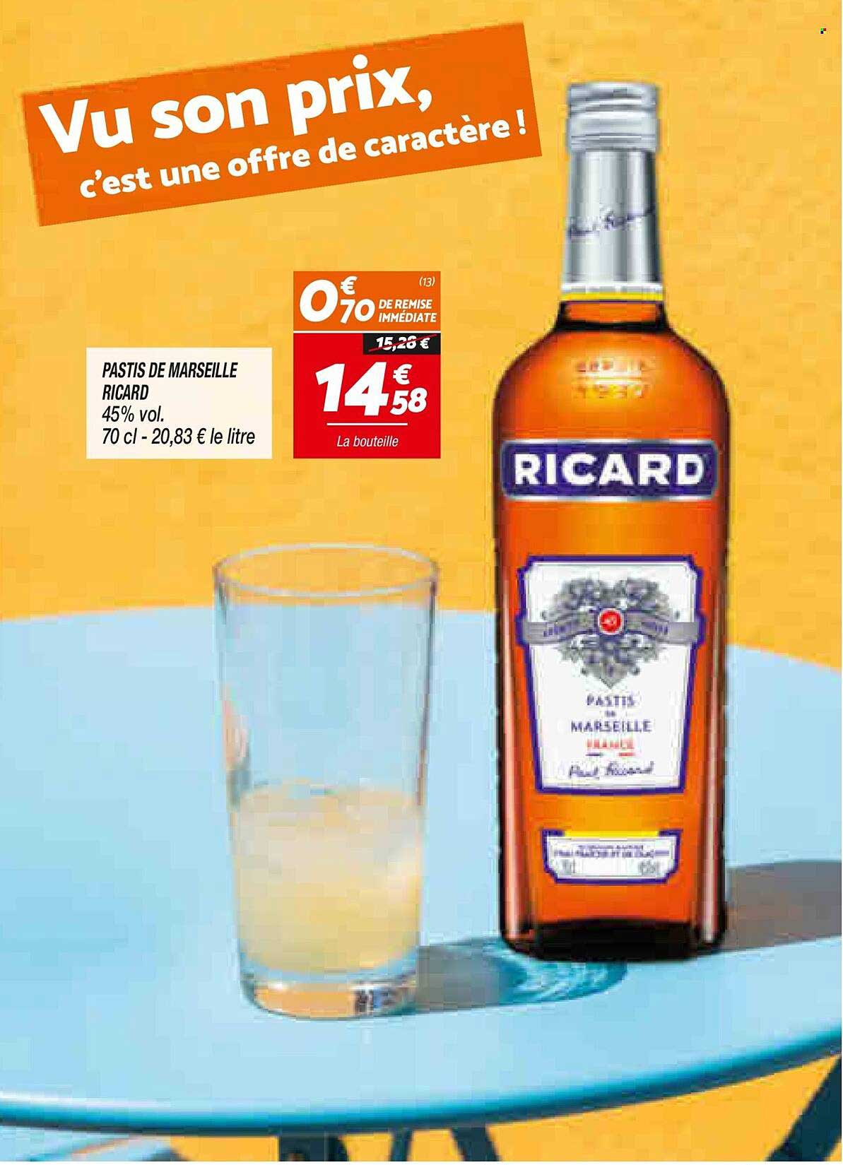 PASTIS DE MARSEILLE RICARD 45% vol. 70 cl - 20,83 € le litre