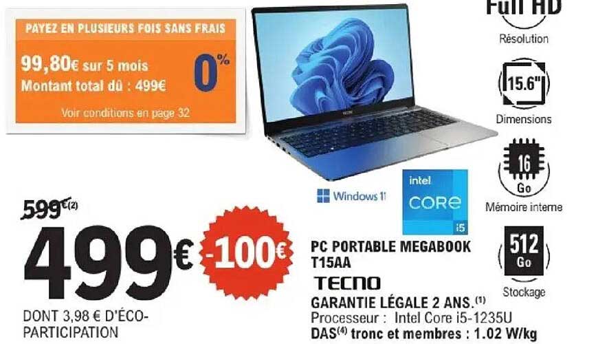 PC PORTABLE MEGABOOK T15AA TECNO