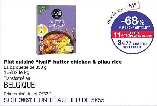 Plat cuisiné "Isali" butter chicken & pilau rice