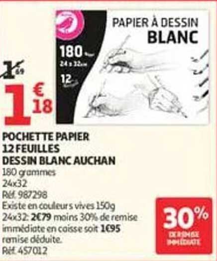 POCHETTE PAPIER 12 FEUILLES DESSIN BLANC AUCHAN