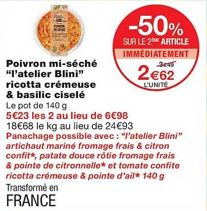 Poivron mi-séché “l’atelier Blini” ricotta crémeuse & basilic ciselé