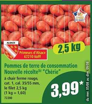 Pommes de terre de consommation Nouvelle récolte(b) “Chérie” à chair ferme rouge, cat. 1, cal. 35/55 mm. le filet, 2,5 kg