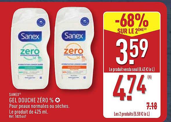 SANEX® GEL DOUCHE ZÉRO % Pour peaux normales ou sèches. Le produit de 425 mL.