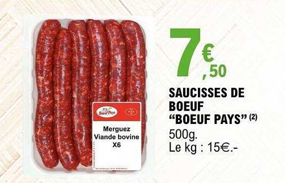 SAUCISSES DE BOEUF “BOEUF PAYS” (2) 500g.