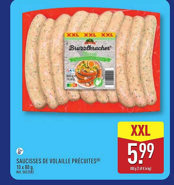 SAUCISSES DE VOLAILLE PRÉCUITES(B) 10 x 80 g.