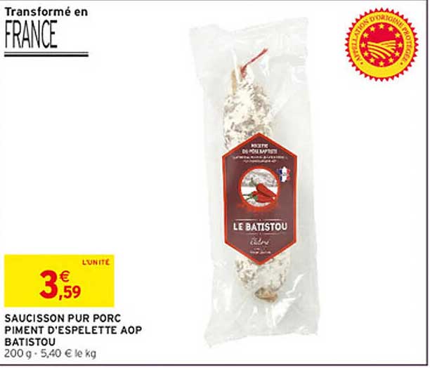 SAUCISSON PUR PORC PIMENT D'ESPELETTE AOP BATISTOU