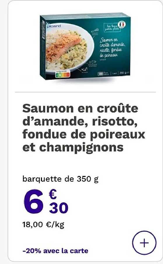 Saumon en croûte d’amande, risotto, fondue de poireaux et champignons