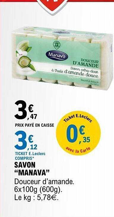 SAVON "MANAVA" Douceur d’amande. 6x100g (600g). Le kg : 5,78€.