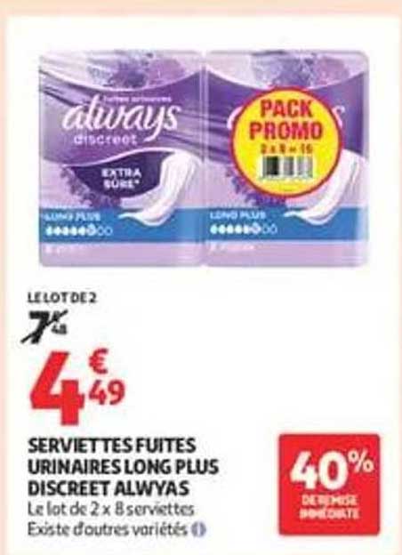 SERVIETTES FUTES URINAIRES LONG PLUS DISCRET ALWAYS