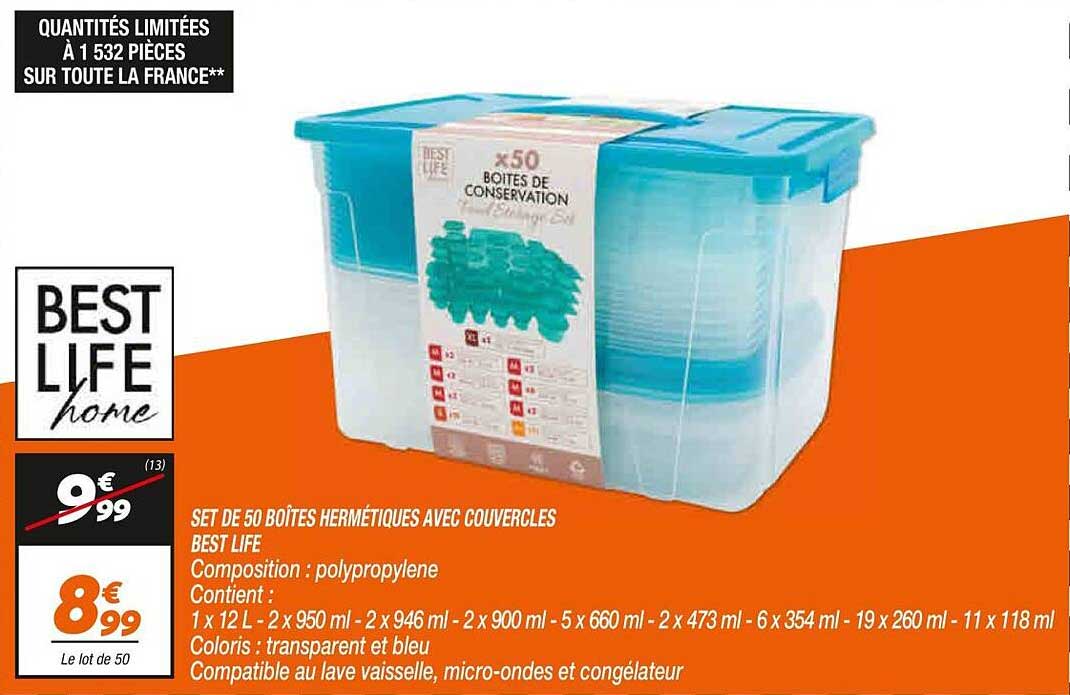 SET DE 50 BOÎTES HERMÉTIQUES AVEC COUVERCLES BEST LIFE