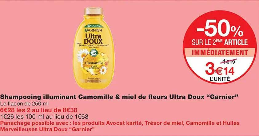 Shampooing illuminant Camomille & miel de fleurs Ultra Doux “Garnier”