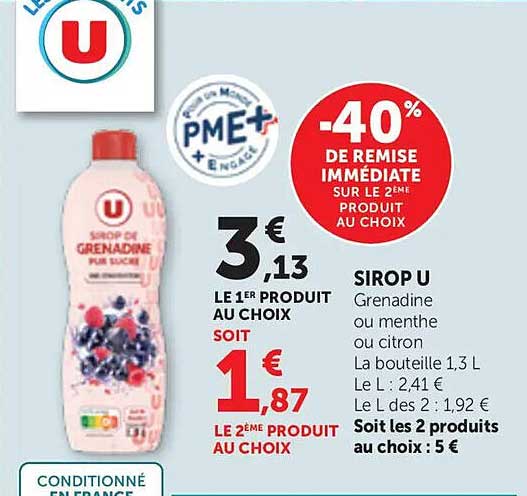 SIROP U Grenadine ou menthe ou citron