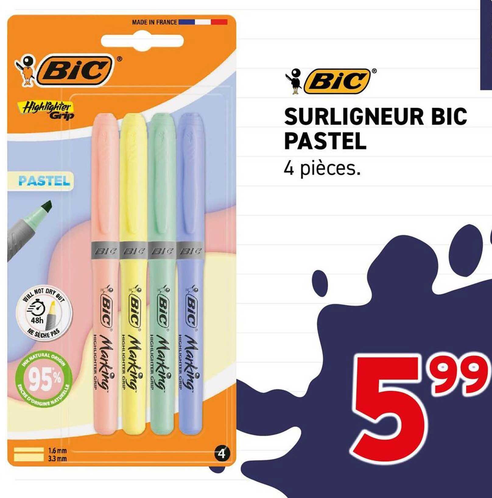 SURLIGNEUR BIC PASTEL 4 pièces.