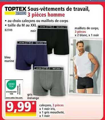 TOPTEX Sous-Vêtements de travail, 3 pièces homme
