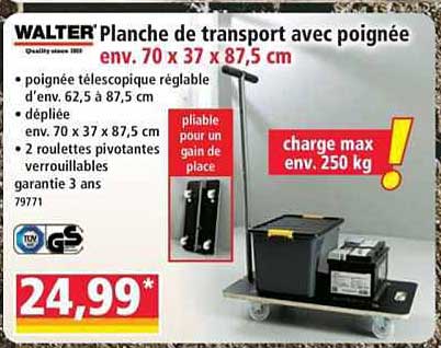 WALTER Planche de transport avec poignée env. 70 x 37 x 87,5 cm