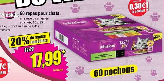 Whiskas 60 repas pour chats en sauce ou en gelée au choix, 60 x 85 g