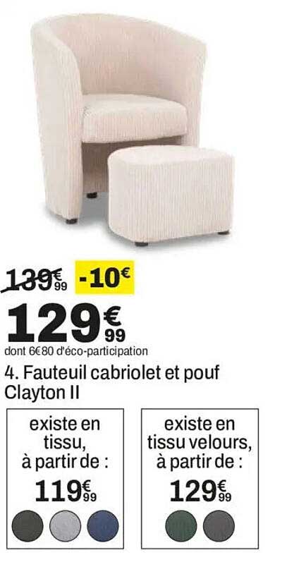 4. Fauteuil cabriolet et pouf Clayton II