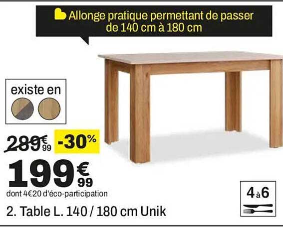 Allonge pratique permettant de passer de 140 cm à 180 cm