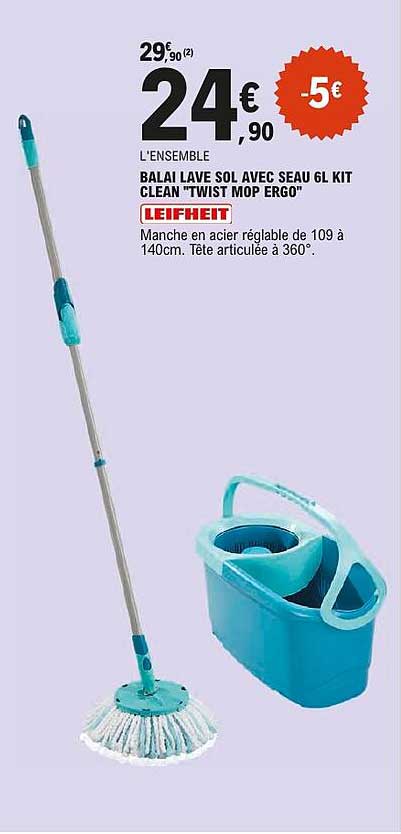 BALAI LAVE SOL AVEC SEAU 6L KIT CLEAN "TWIST MOP ERGO"