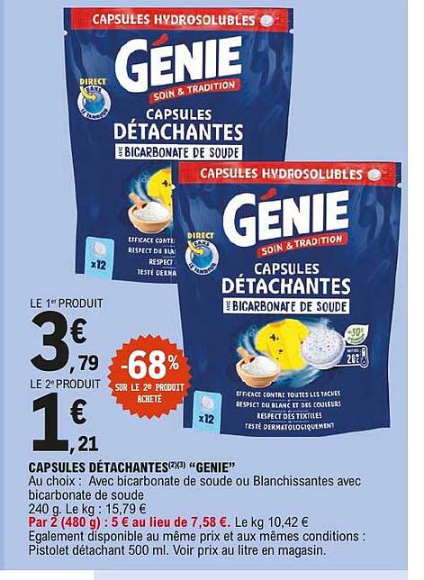 CAPSULES HYDROSOLUBLES GENIE CAPSULES DÉTACHANTES AU BICARBONATE DE SOUDE