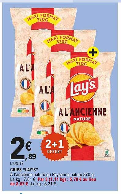 Chips “LAY’S” À l’ancienne nature ou Paysanne nature 370 g. 2+1 OFFERT
