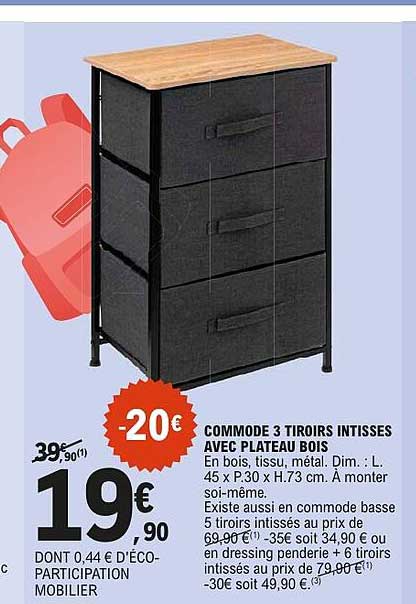 COMMODE 3 TIROIRS INTISSES AVEC PLATEAU BOIS