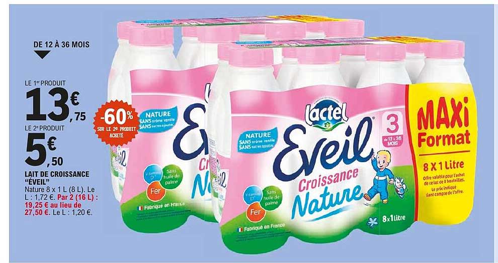 Lait de croissance «Éveil» Nature 8 x 1 L (8 L)