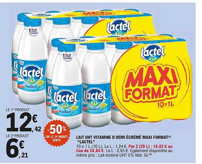 LAIT UHT VITAMINE D DEMI ÉCRÉMÉ MAXI FORMAT “LACTEL”