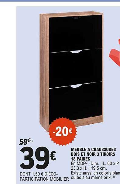 MEUBLE A CHAUSSURES BOIS ET NOIR 3 TIROIRS