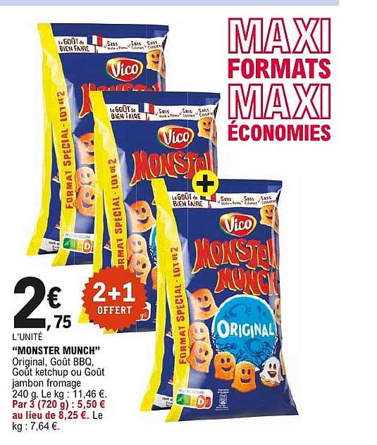 MONSTER MUNCH ORIGINAL, Goût BBQ, Goût ketchup ou Goût jambon fromage