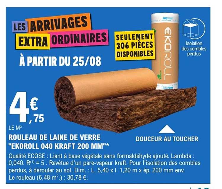 ROULEAU DE LAINE DE VERRE "EKOROLL 040 KRAFT 200 MM"