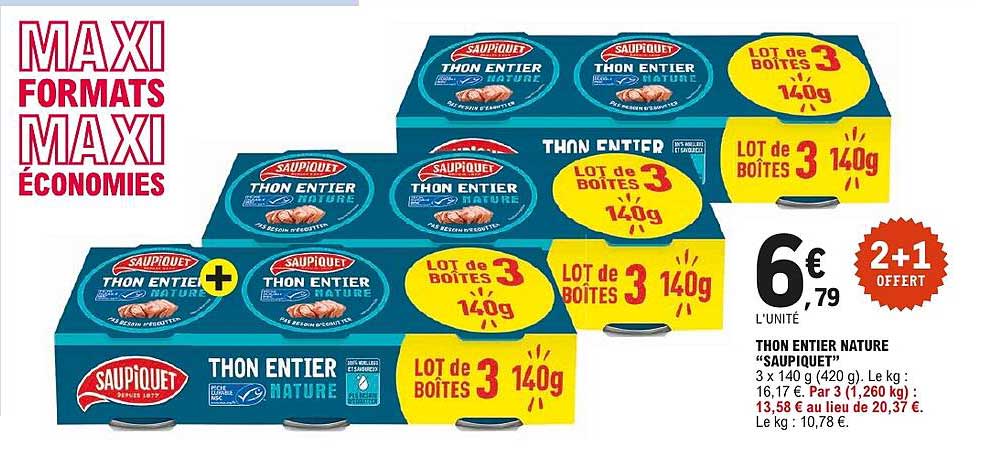 THON ENTIER NATURE “SAUPIQUET” 3 x 140 g (420 g)