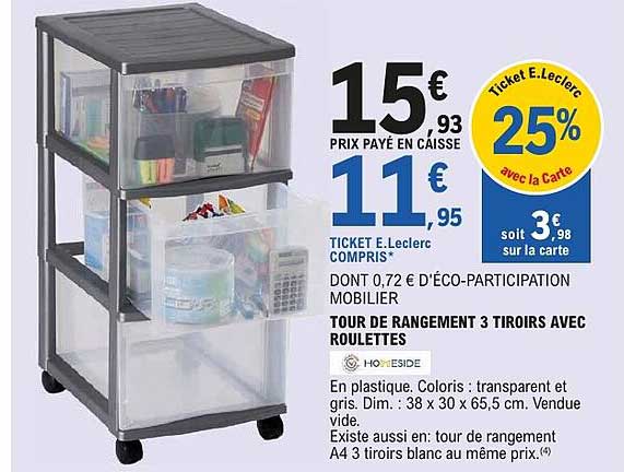 TOUR DE RANGEMENT 3 TIROIRS AVEC ROULETTES