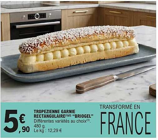 TROPEZIENNE GARNIE RECTANGULAIRE(1%) “BRIOGEL” Différentes variétés au choix(3). 480 g. Le kg : 12,29 € TRANSFORMÉ EN FRANCE