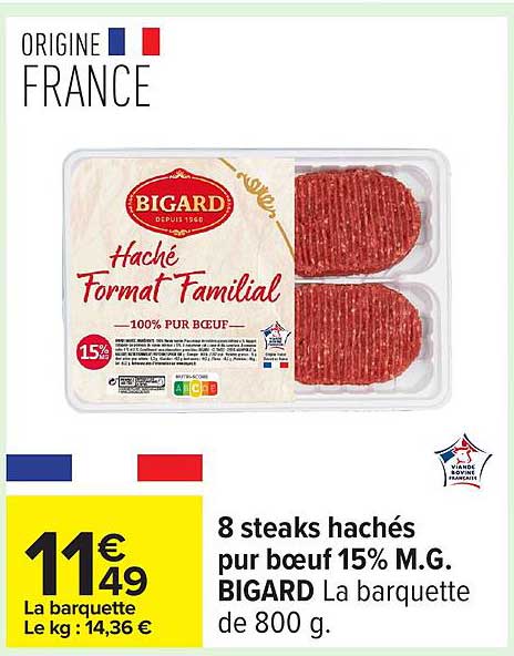 8 steaks hachés pur bœuf 15% M.G. BIGARD La barquette de 800 g.