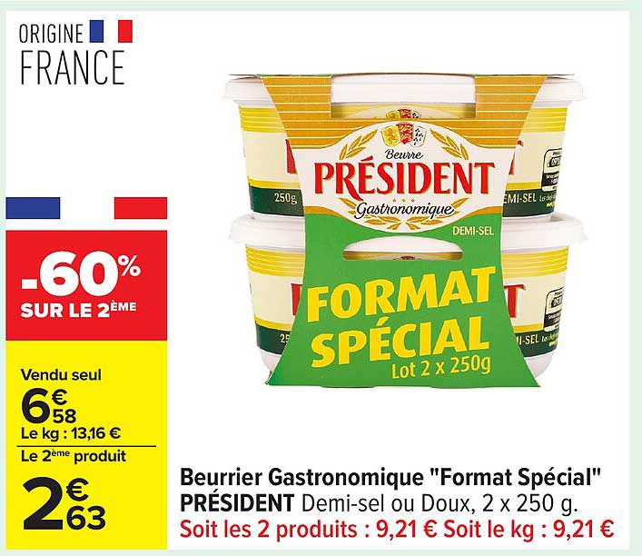 Beurrier Gastronomique "Format Spécial" PRÉSIDENT Demi-sel ou Doux, 2 x 250 g.