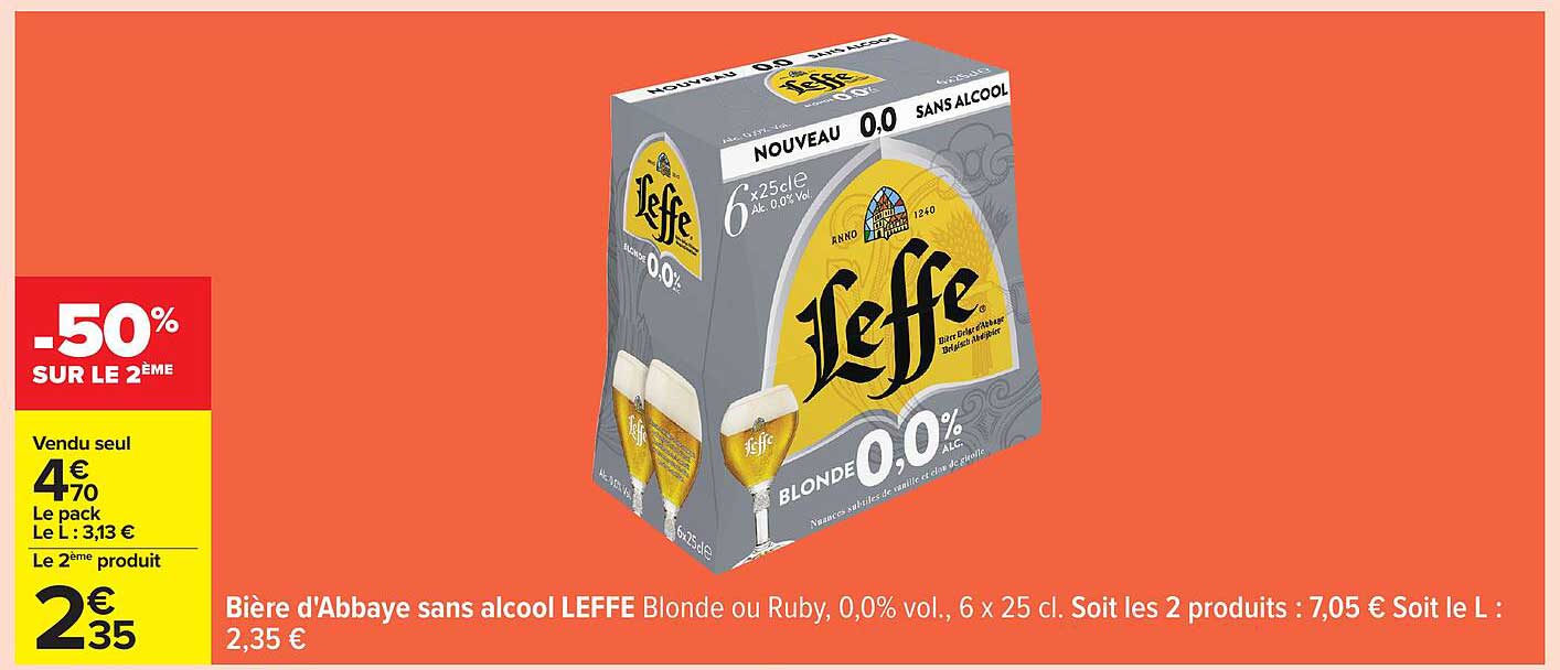 Bière d'Abbaye sans alcool LEFFE Blonde ou Ruby, 0,0% vol., 6 x 25 cl.