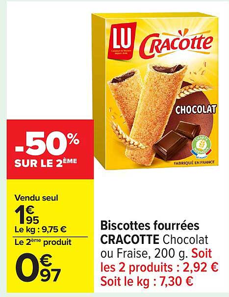 Biscottes fourrées CRACOTTE Chocolat ou Fraise, 200 g