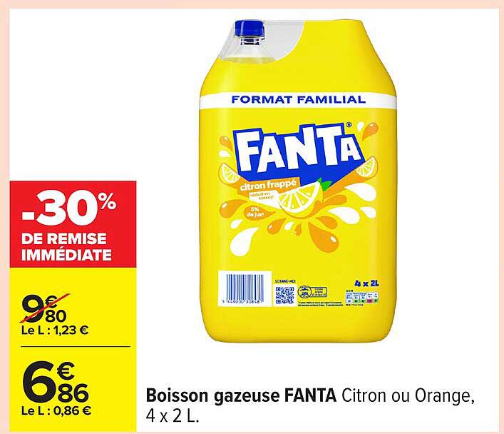Boisson gazeuse FANTA Citron ou Orange, 4 x 2 L.